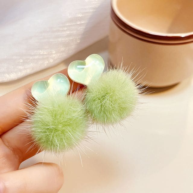 Heart Pom Pom Drop earring - 1 Pair - E2027-5 - Green