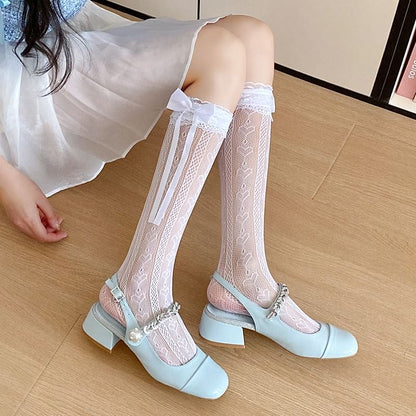 Heart Print Bow Lace Socks