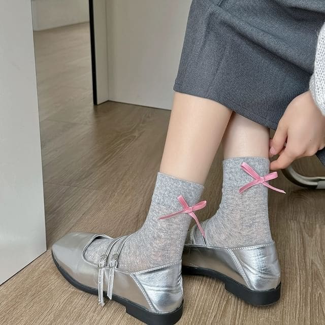 Heart Print Bow Socks - 1 Pair - Gray / One Size