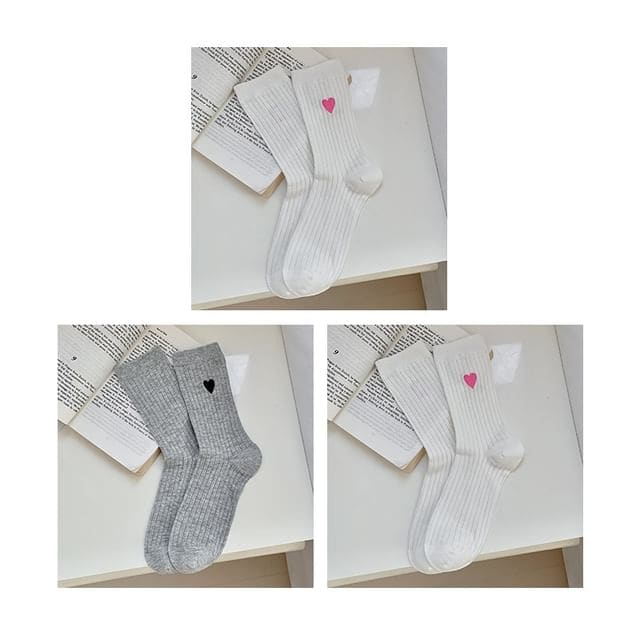 Heart Print Ribbed Socks / Set - 02 - Set of 3 Pairs