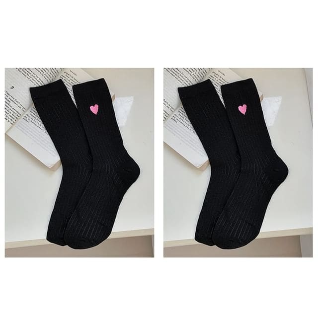 Heart Print Ribbed Socks / Set - 03 - Set of 2 Pairs