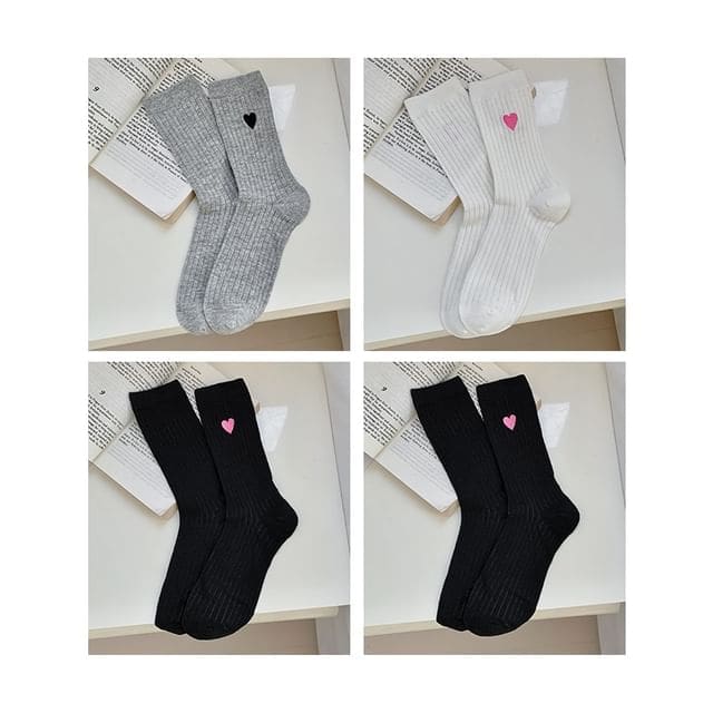 Heart Print Ribbed Socks / Set - 04 - Set of 4 Pairs - Gray