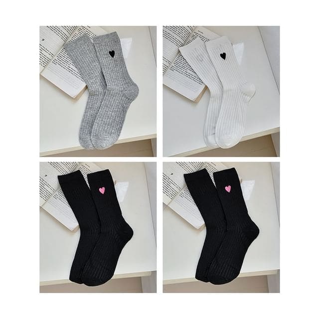 Heart Print Ribbed Socks / Set - 05 - Set of 4 Pairs - Gray