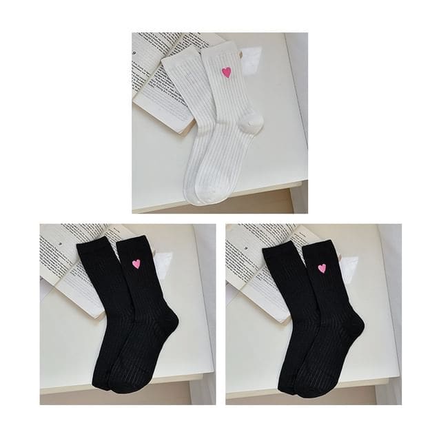 Heart Print Ribbed Socks / Set - 06 - Set of 3 Pairs