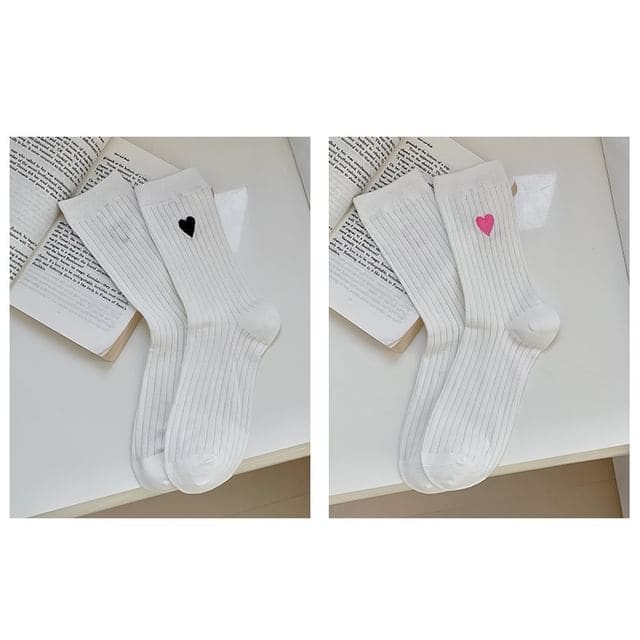 Heart Print Ribbed Socks / Set - 07 - Set of 2 Pairs