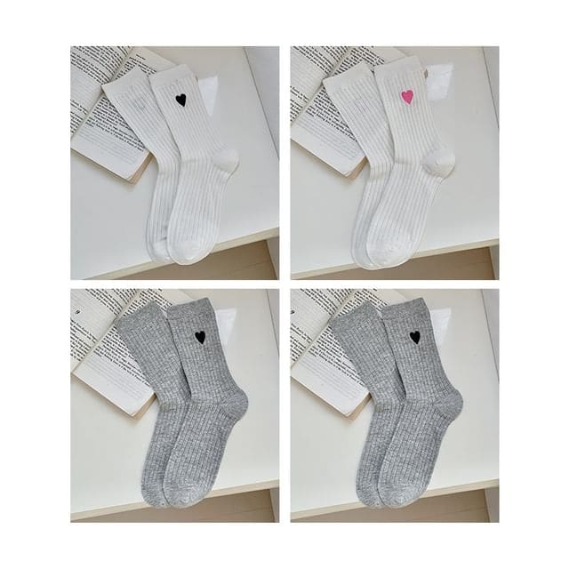 Heart Print Ribbed Socks / Set - 08 - Set of 4 Pairs