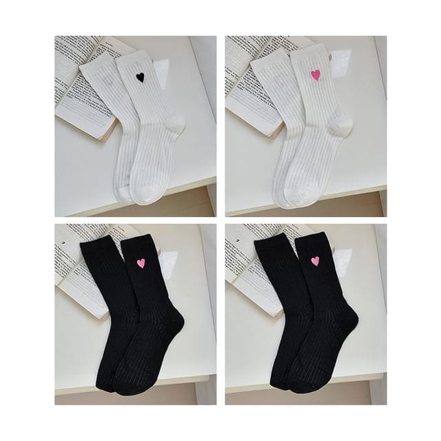 Heart Print Ribbed Socks / Set - 09 - Set of 4 Pairs