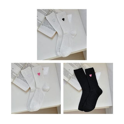 Heart Print Ribbed Socks / Set - 11 - Set of 3 Pairs