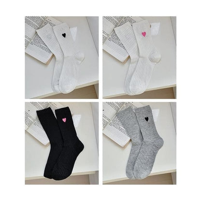 Heart Print Ribbed Socks / Set - 12 - Set of 4 Pairs