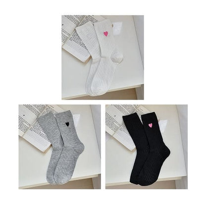 Heart Print Ribbed Socks / Set - 13 - Set of 3 Pairs