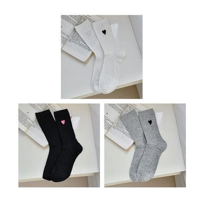 Heart Print Ribbed Socks / Set - 14 - Set of 3 Pairs