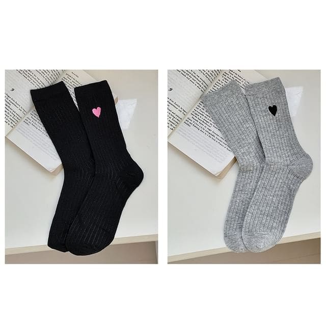 Heart Print Ribbed Socks / Set - 15 - Set of 2 Pairs