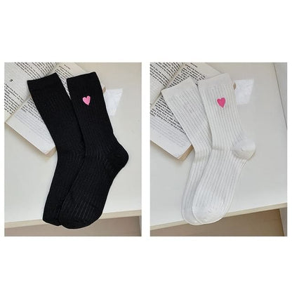 Heart Print Ribbed Socks / Set - 16 - Set of 2 Pairs