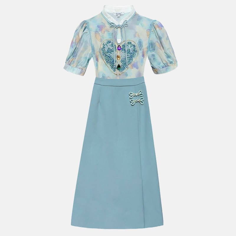 Heart Print Shirt Blue Skirt Set - Set / S