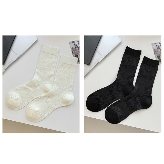 Heart Print Socks / Set - Set Of 2 Pairs - Smile - White &