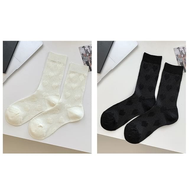 Heart Print Socks / Set - Set Of 2 Pairs - Heart - White &