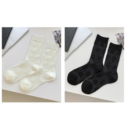 Heart Print Socks / Set - Set Of 2 Pairs - Heart - White &