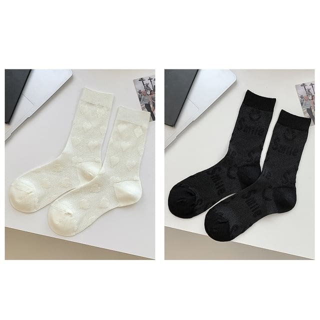 Heart Print Socks / Set - Set Of 2 Pairs - Heart - White &