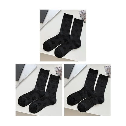 Heart Print Socks / Set - Set Of 3 Pairs - Heart - Black &