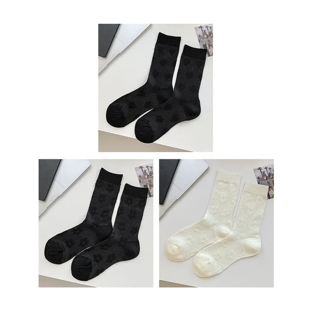 Heart Print Socks / Set - Set Of 3 Pairs - Heart - Black &