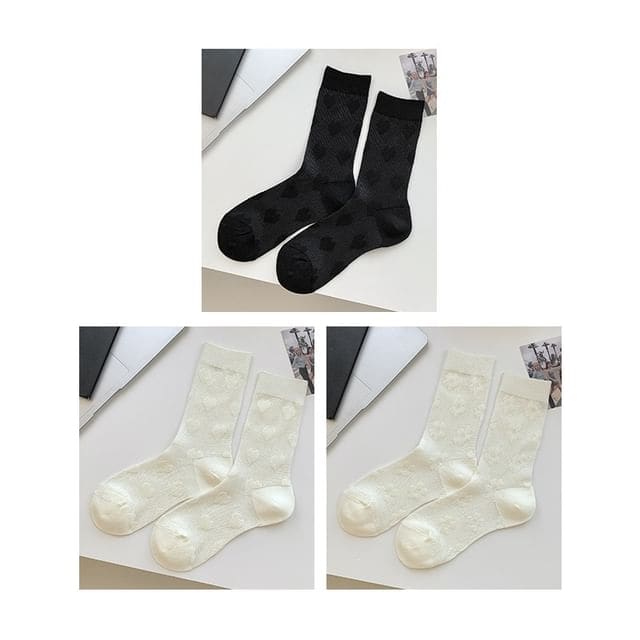 Heart Print Socks / Set - Set Of 3 Pairs - Heart - Black &