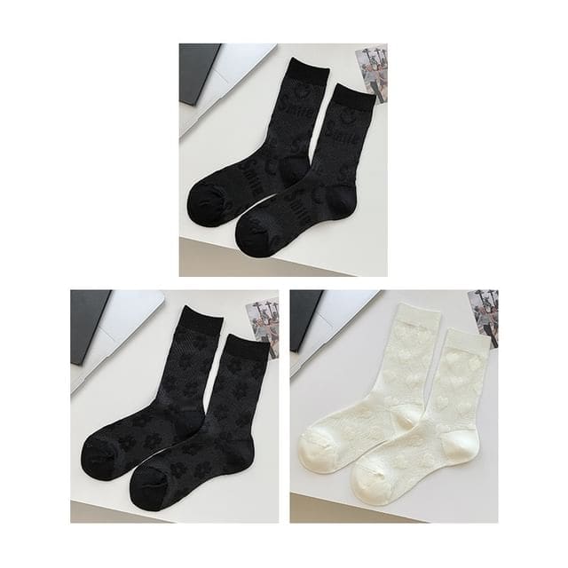 Heart Print Socks / Set - Set Of 3 Pairs - Smile - Black &