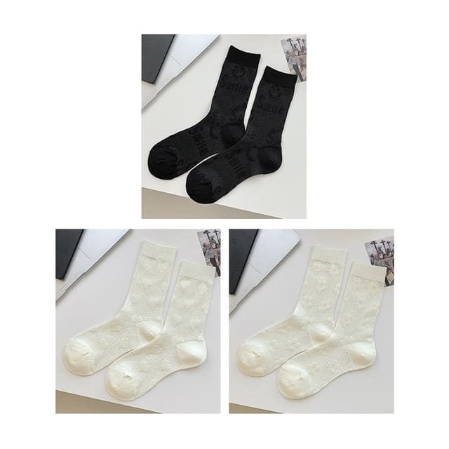 Heart Print Socks / Set - Set Of 3 Pairs - Smile - Black &