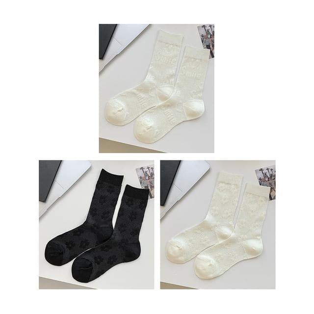 Heart Print Socks / Set - Set Of 3 Pairs - Smile - White &