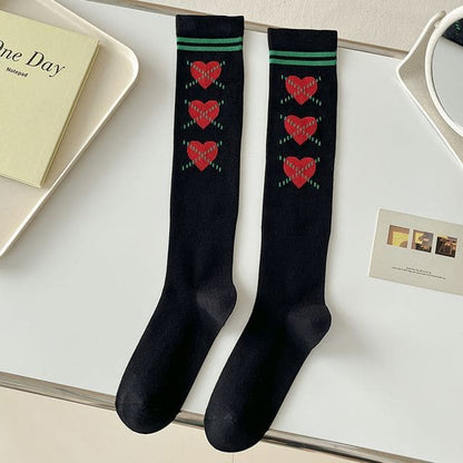 Heart Print Tall Socks - 1 Pair - Black / One Size