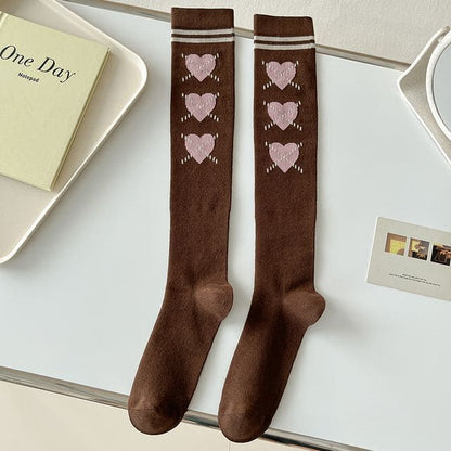 Heart Print Tall Socks - 1 Pair - Coffee / One Size