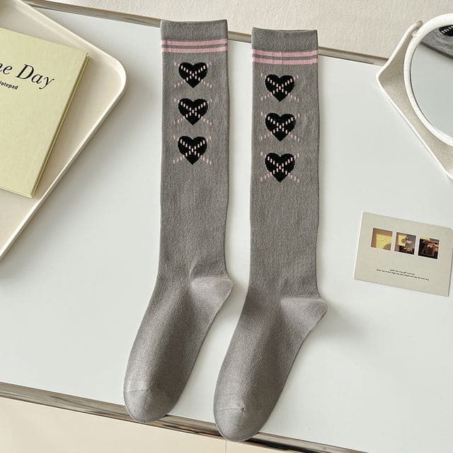 Heart Print Tall Socks - 1 Pair - Gray / One Size