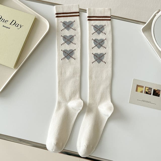 Heart Print Tall Socks - 1 Pair - Off-White / One Size