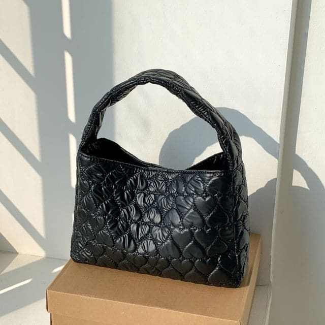 Heart Quilted Tote Bag - Black / One SIze