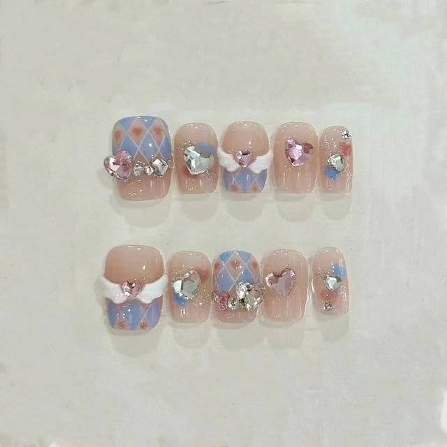 Heart Rhinestone Argyle Press On Nail - E246 - With Sticker