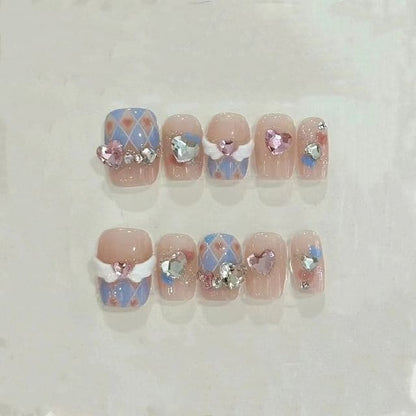 Heart Rhinestone Argyle Press On Nail - E246 - With Sticker