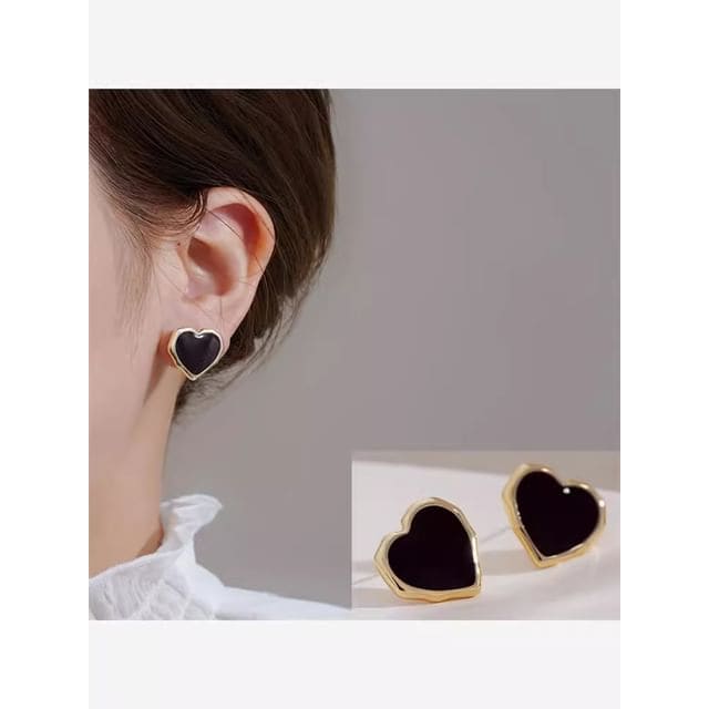 Heart Stud Earring - 1 Pair - A184 - Black / One Size