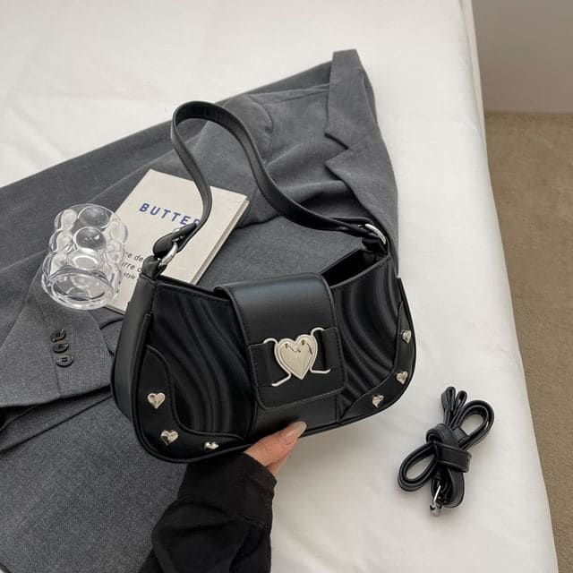 Heart Studded Shoulder Bag - Black / One Size