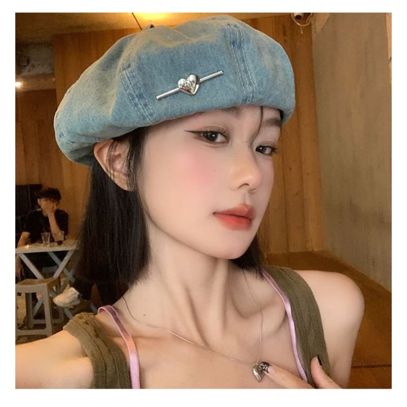 Heart Washed Denim Beret