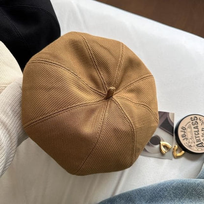 Herringbone Plain Beret - Yellowish Brown / One Size