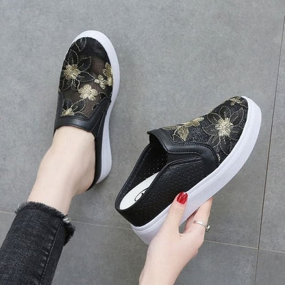 Hidden Wedge Lace Slip-Ons - Floral Embroidery - Black / 35