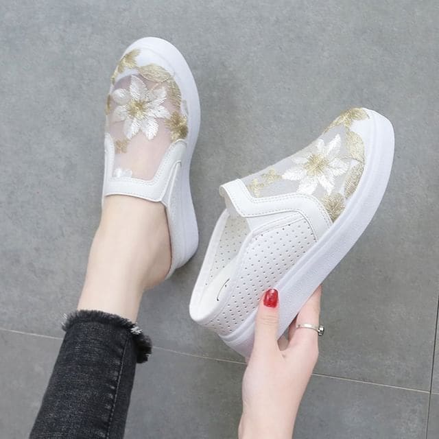 Hidden Wedge Lace Slip-Ons - Floral Embroidery - White / 35