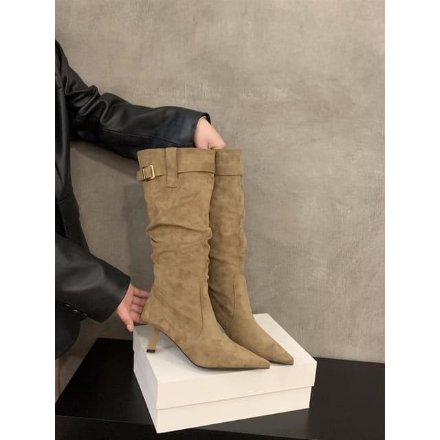 High Heel Plain Mid-Calf Boots - XD1083-2 - Khaki / 35