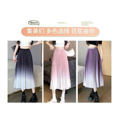 High Rise Accordion Pleat Ombre Midi A-Line Skirt