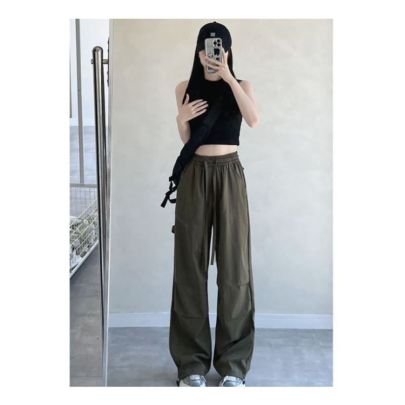 High Rise Drawstring Plain Wide Leg Parachute Cargo