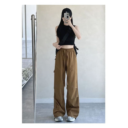 High Rise Drawstring Plain Wide Leg Parachute Cargo