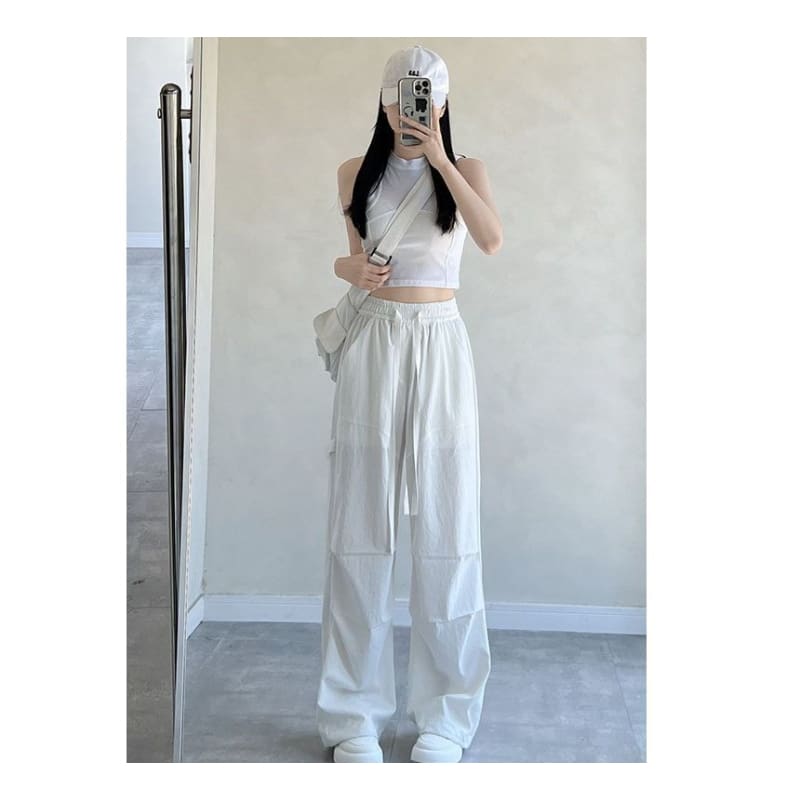 High Rise Drawstring Plain Wide Leg Parachute Cargo