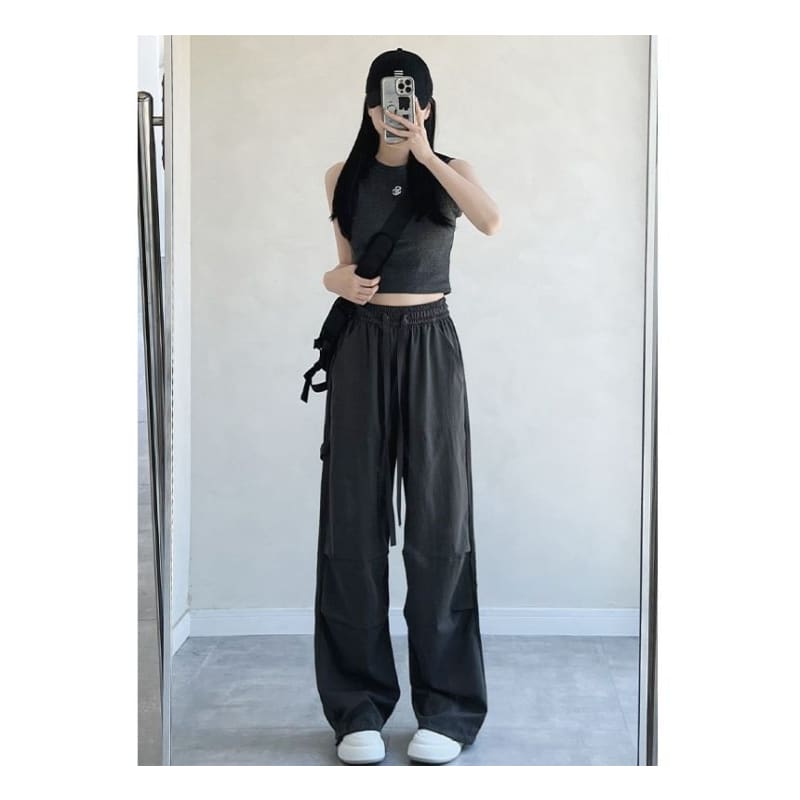 High Rise Drawstring Plain Wide Leg Parachute Cargo