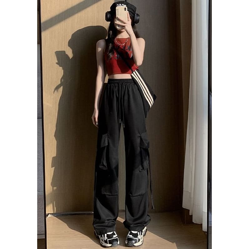 High Rise Drawstring Pocket Plain Wide Leg Cargo Sweatpants