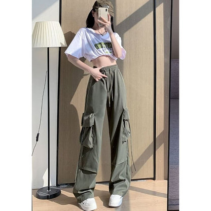 High Rise Drawstring Pocket Plain Wide Leg Cargo Sweatpants