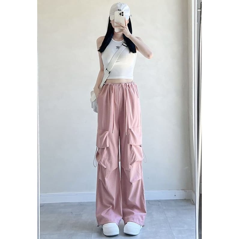 High Rise Drawstring Pocket Plain Wide Leg Parachute Cargo